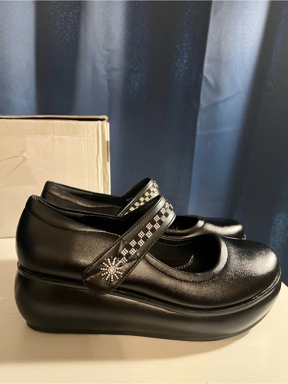 Black Platform Mary Jane Wedges with Rhinestone Strap – Brand New